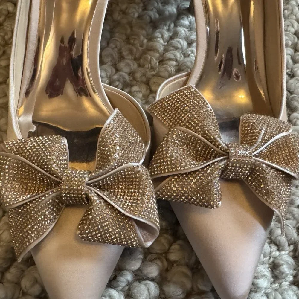 Badgley Mischka Meilani Blush Pink Satin Kitten Heel Crystal Bows